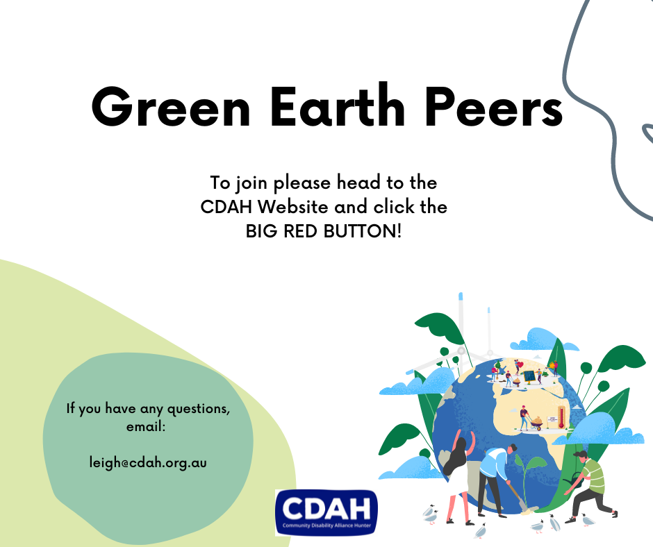 A poster for Green Earth Peers. An image of planet Earth, and the Text to join please go on the CDAH website and click the big red button